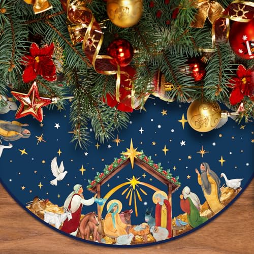 Religious Jesus Nativity Scene Christmas Tree Skirt 36 Inch Navy Blue Holiday Decor
