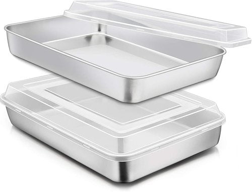 E-far Stainless Steel Baking Pan Set - 12⅓ x 9¾ Inch Rectangle Bakeware with Lids | Non-Toxic, Heavy Duty & Dishwasher Safe
