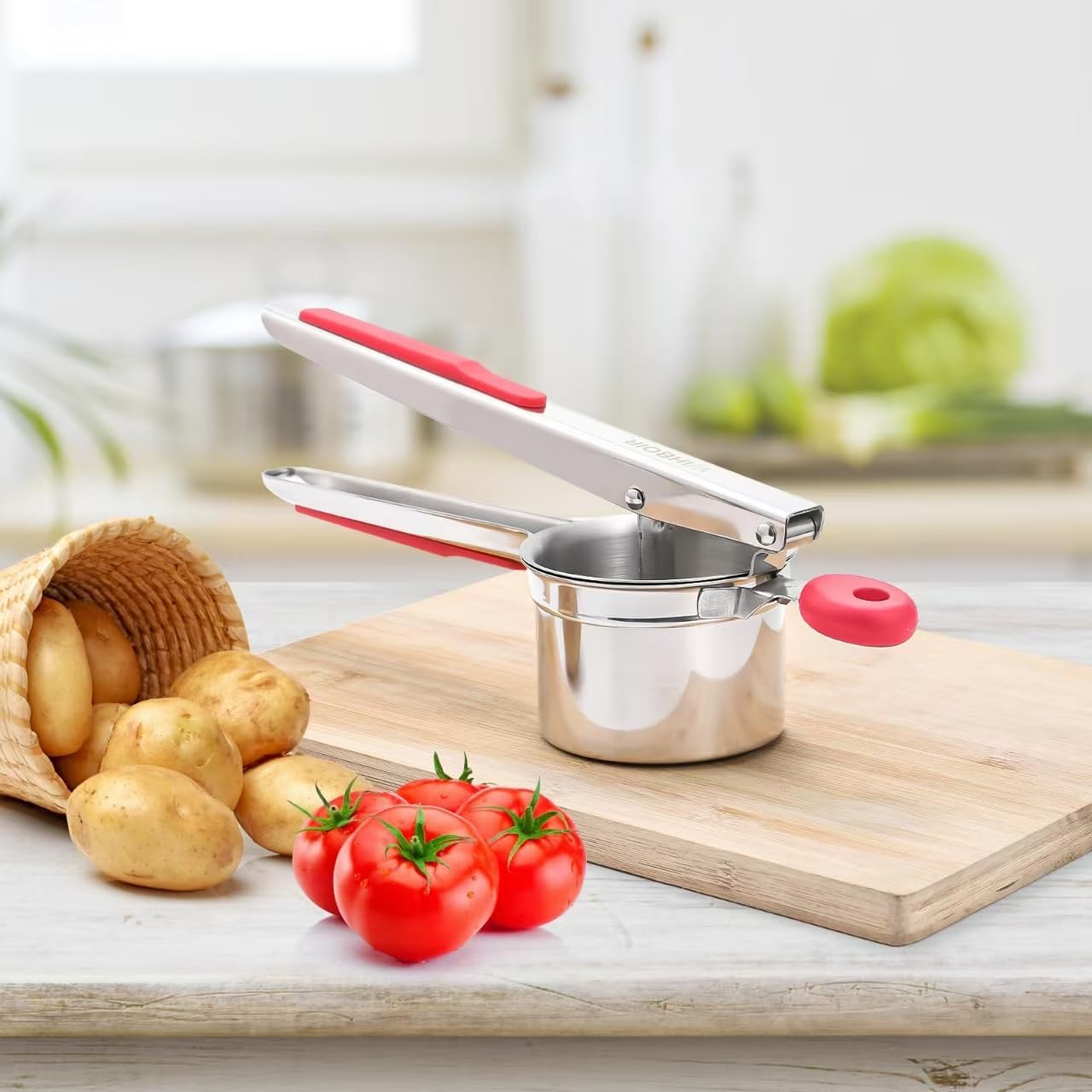 Skiennix 15 oz Stainless Steel Potato Ricer - Heavy Duty Masher with Silicone Grip for Smooth Purees