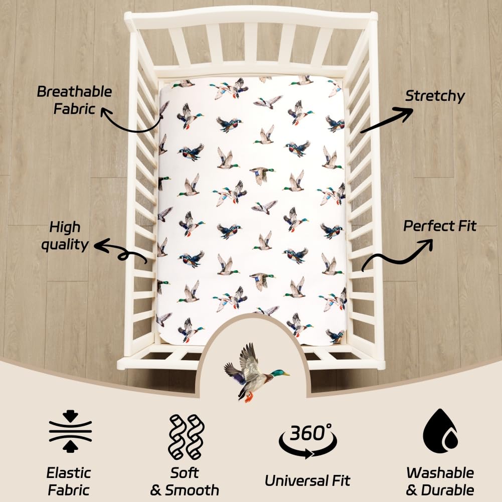 4 Pack Mallard Duck Baby Crib Sheets Neutral Unisex Breathable Fitted Nursery Sheets for Baby Girl or Boys (Crib Sheet)