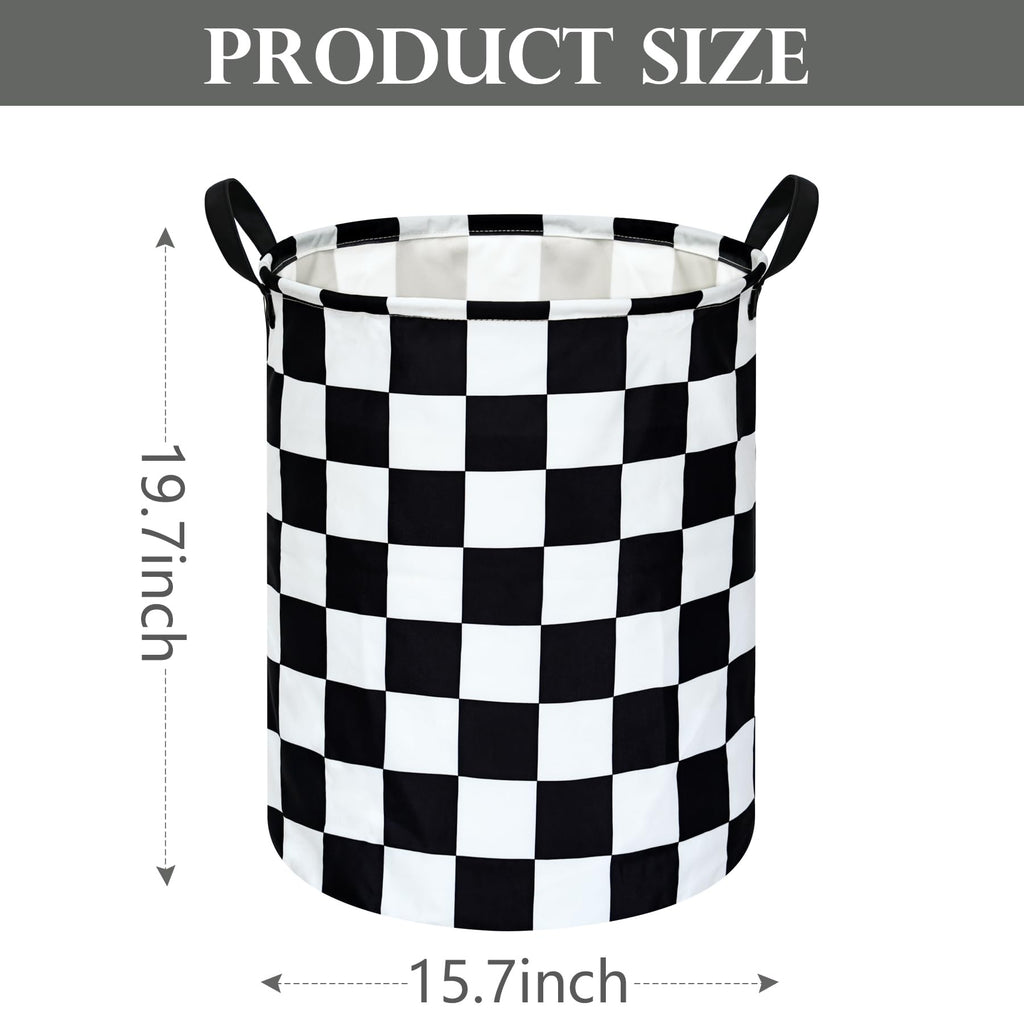 19.7 Inch Round Laundry Hamper Black Check Laundry Basket Fabric Storage Hamper Organization Basket, Storage Bin, Toy Box,Gift Basket with Handles for Room