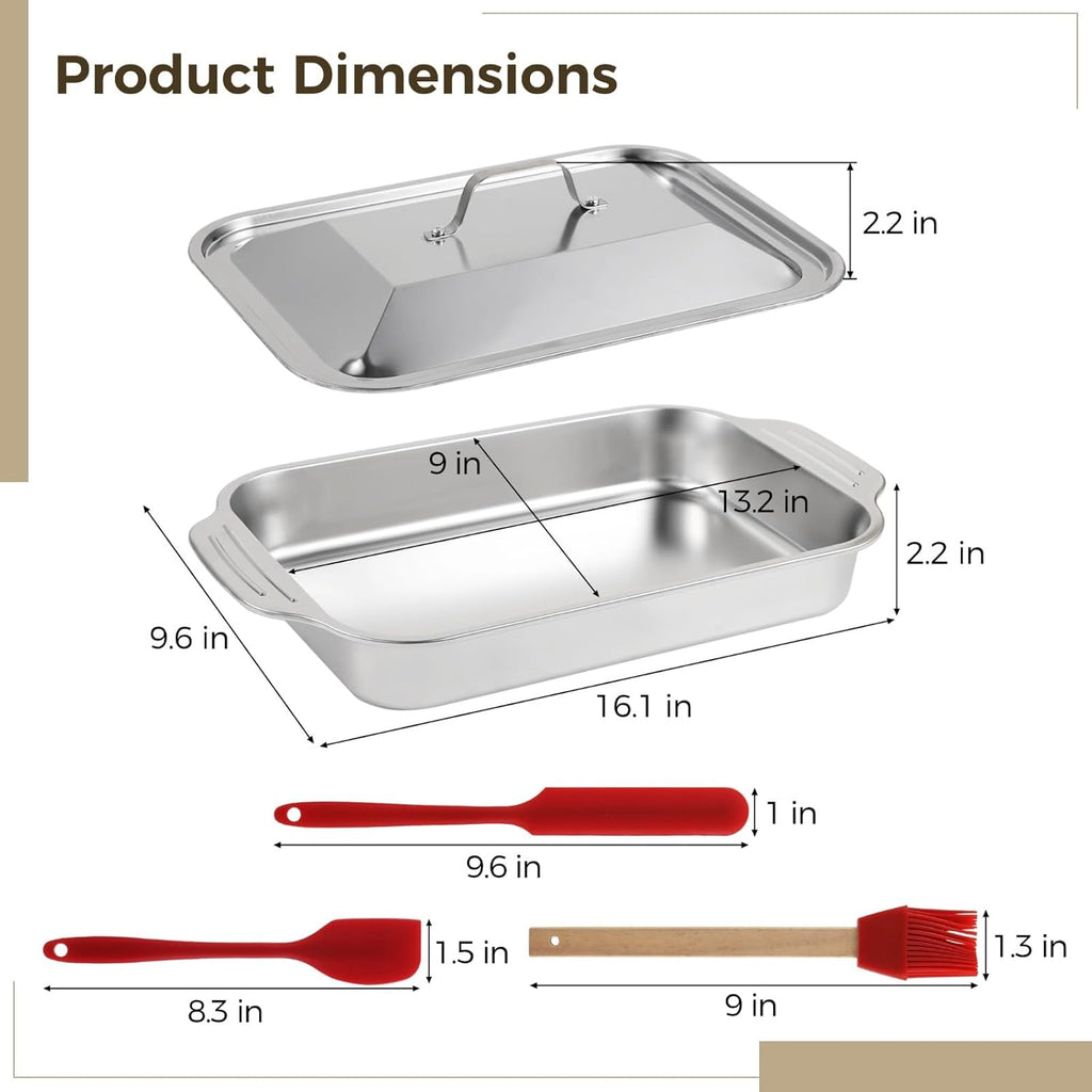Skiennix Stainless Steel Cake Pans - 9x13 Rectangular Baking Trays with Silicone Brush & Spatula