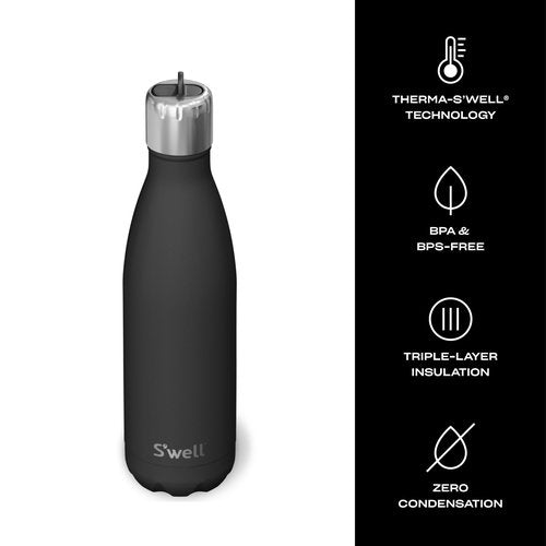 S'well Stainless Steel Water Bottle with Flip Straw Cap, 17oz, Onyx, Triple Layered Vacuum Insulated Containers Keeps Drinks Cold for 36 Hours and Hot for 10, BPA Free, Perfect for On the Go