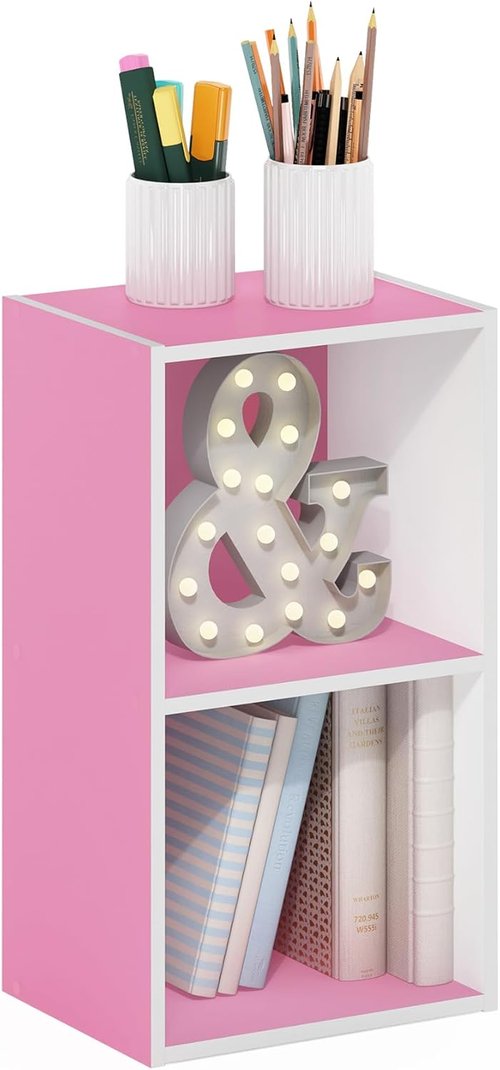 Furinno PASIR 2-Tier Modern Bookshelf - Easy Assembly Open Shelves Bookcase | Pink/White 9 x 12 x 21
