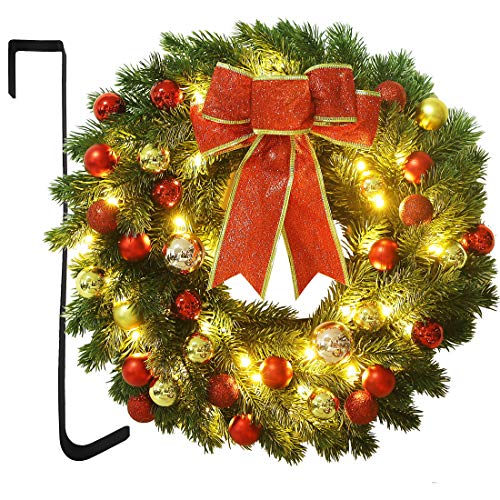 16-Inch Pre-lit Christmas Wreath with Hanging Hook and 40 LED Lights - Battery Operated Holiday Decor