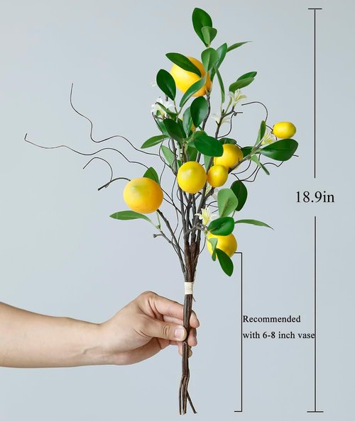 Laelfe Artificial Lemons Branches - 8 Head Faux Lemon Stems for Kitchen & Farmhouse Decor | Bright Yellow