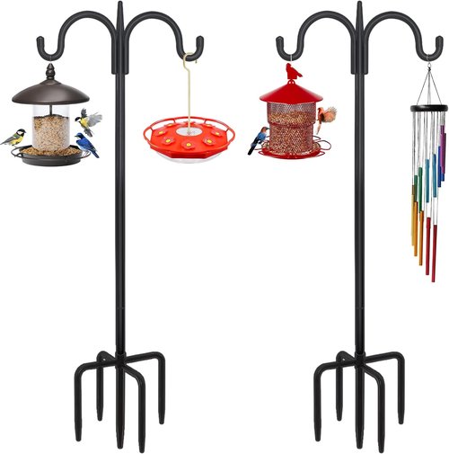 Feed Garden Adjustable Double Shepherds Hook - 76 Inch Heavy Duty Bird Feeder Pole | 5 Prong Base for Hanging Plants & Lanterns (2 Pack)