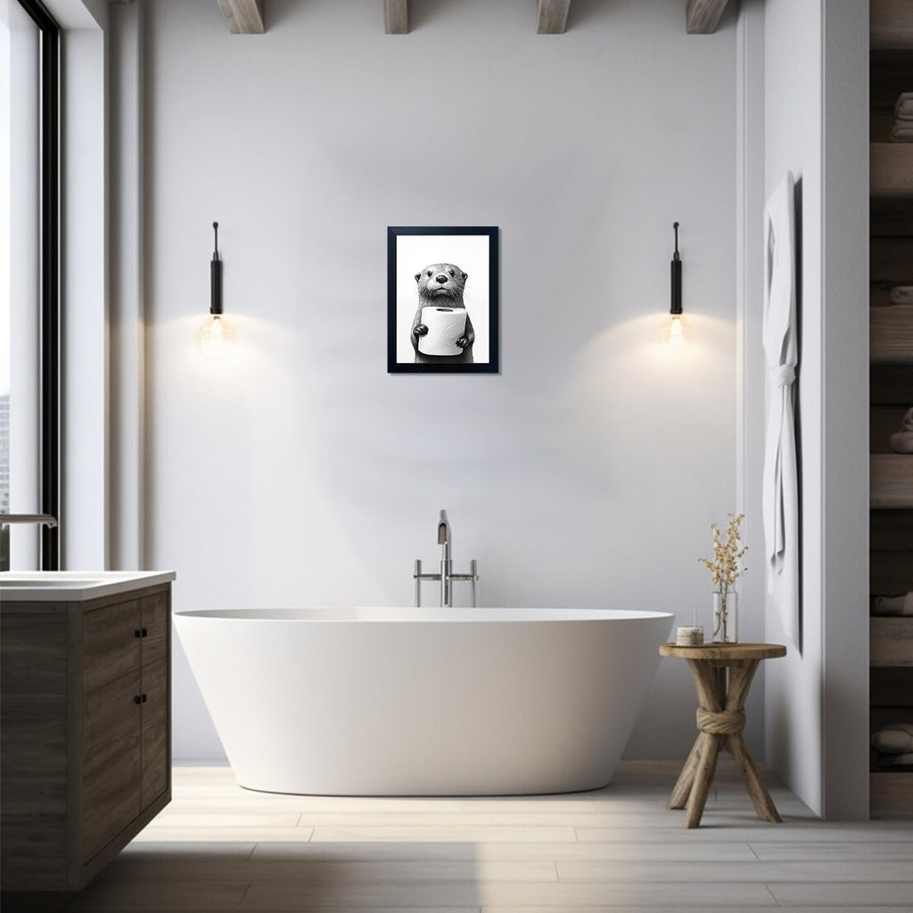 Regine Switzerland Funny Bathroom Wall Art - Framed Black and White Raccoon Canvas Print | Unique Decor