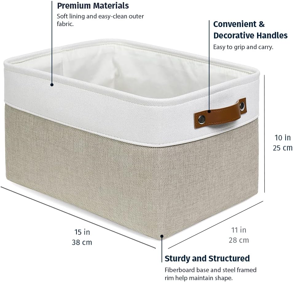 OrganiHaus Large Fabric Storage Baskets - 3 Pack Canvas Organizers for Closets | 15x11in Beige/Off-White