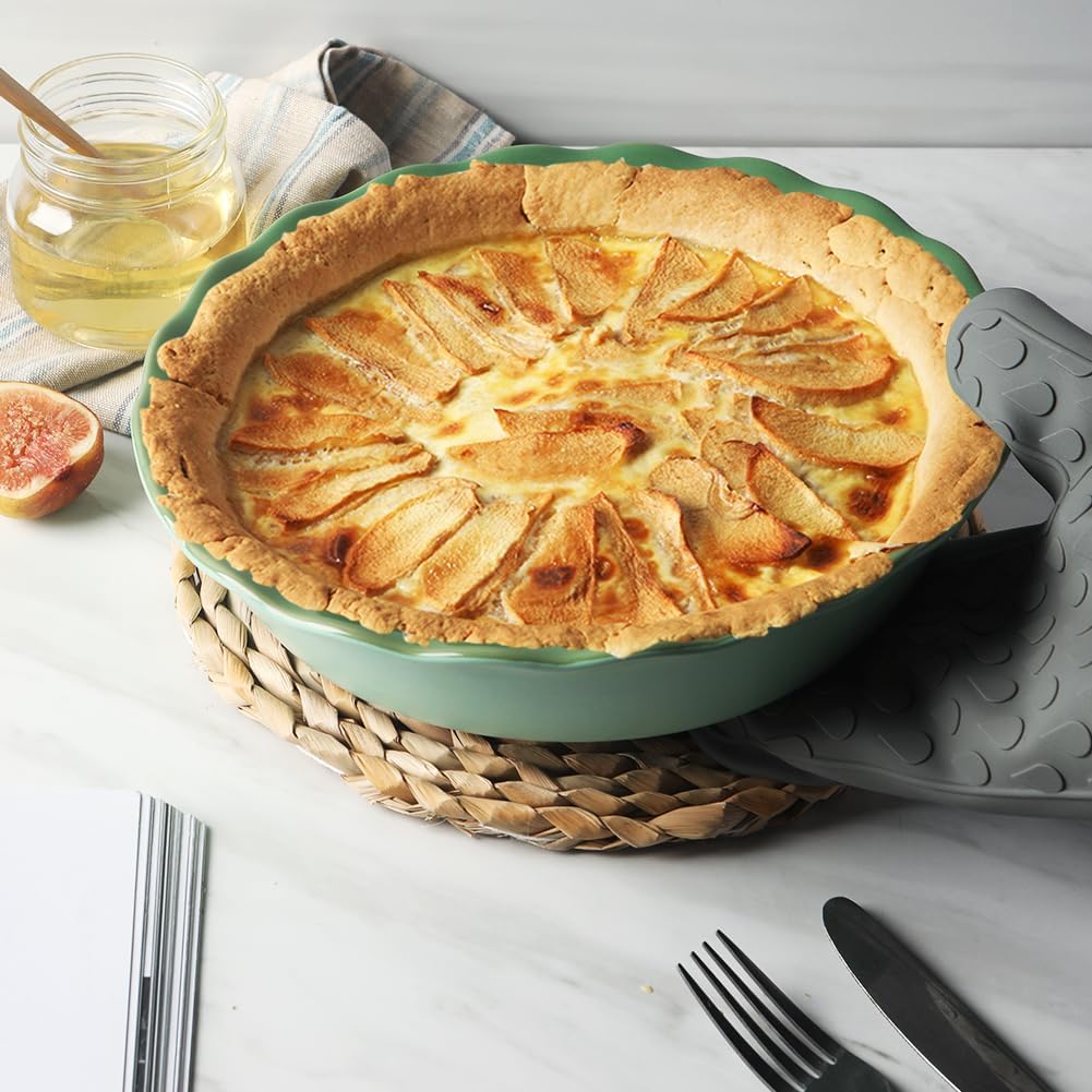 Sweejar Ceramic Pie Pan - 10 Inch Non-Stick Baking Dish with Soft Wave Edge | Green Color