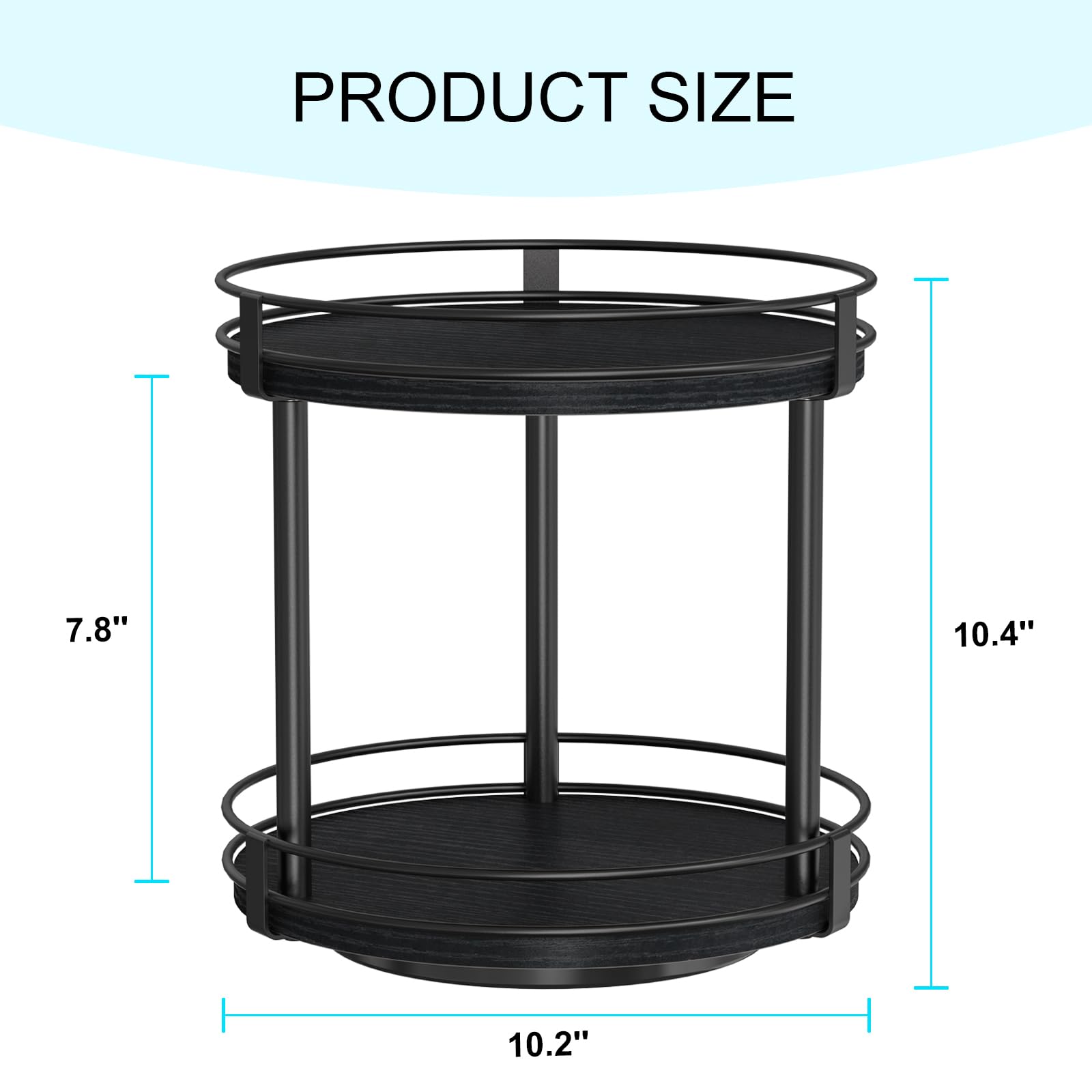 Snughome Lazy Susan Spice Rack, 2 Tier Rotating Spice Rack, Wood Lazy Susan Organizer for Cabinet, Black Kitchen Counter Shelf, 10.2" x 10.2" x 10.4"