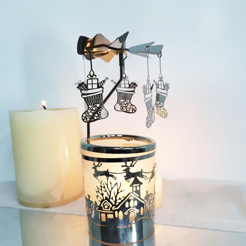 Kingnero Carousel Candle Holder - Spinning Metal Tea Light Candlestick for Home Decor | Silver Christmas Socks