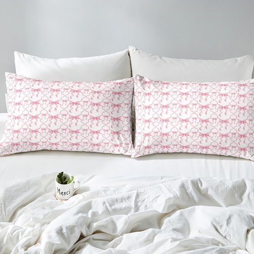 Erosebridal Pink Bow Bed Sheets for Kids Teen Women,Cute Ribbon Bowknot Full Bedding Sets for Girls Kawaii Watercolor Bow Tie Sheet Set,Pink White Princess Bow Bed Sheet Set 4 Piece