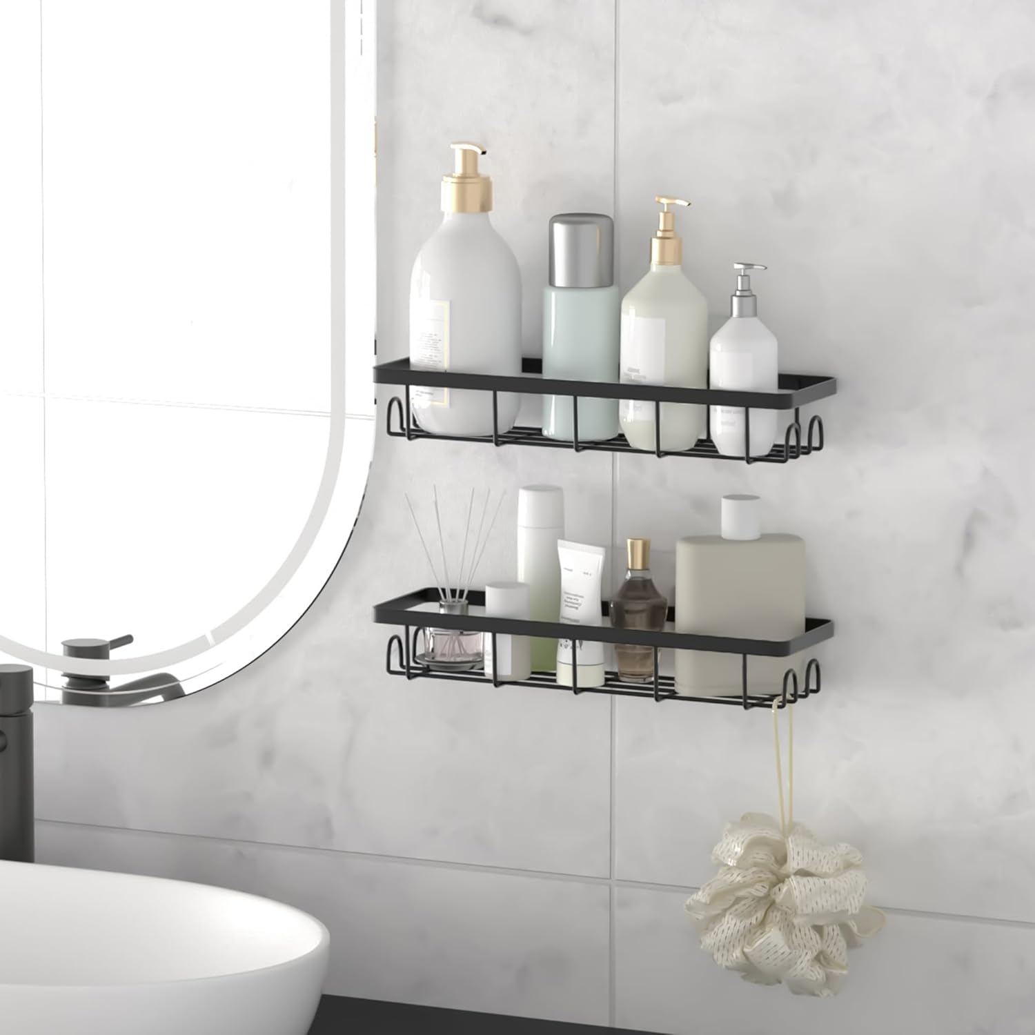 Shower Caddy Organizer - Self-Adhesive Bathroom Shelves with Hooks | No Drilling, 2 Pack Black