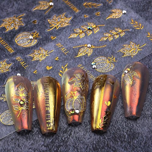 5D Fall Maple Leaf Nail Stickers Self-Adhesive Autumn Decals 3Pcs
