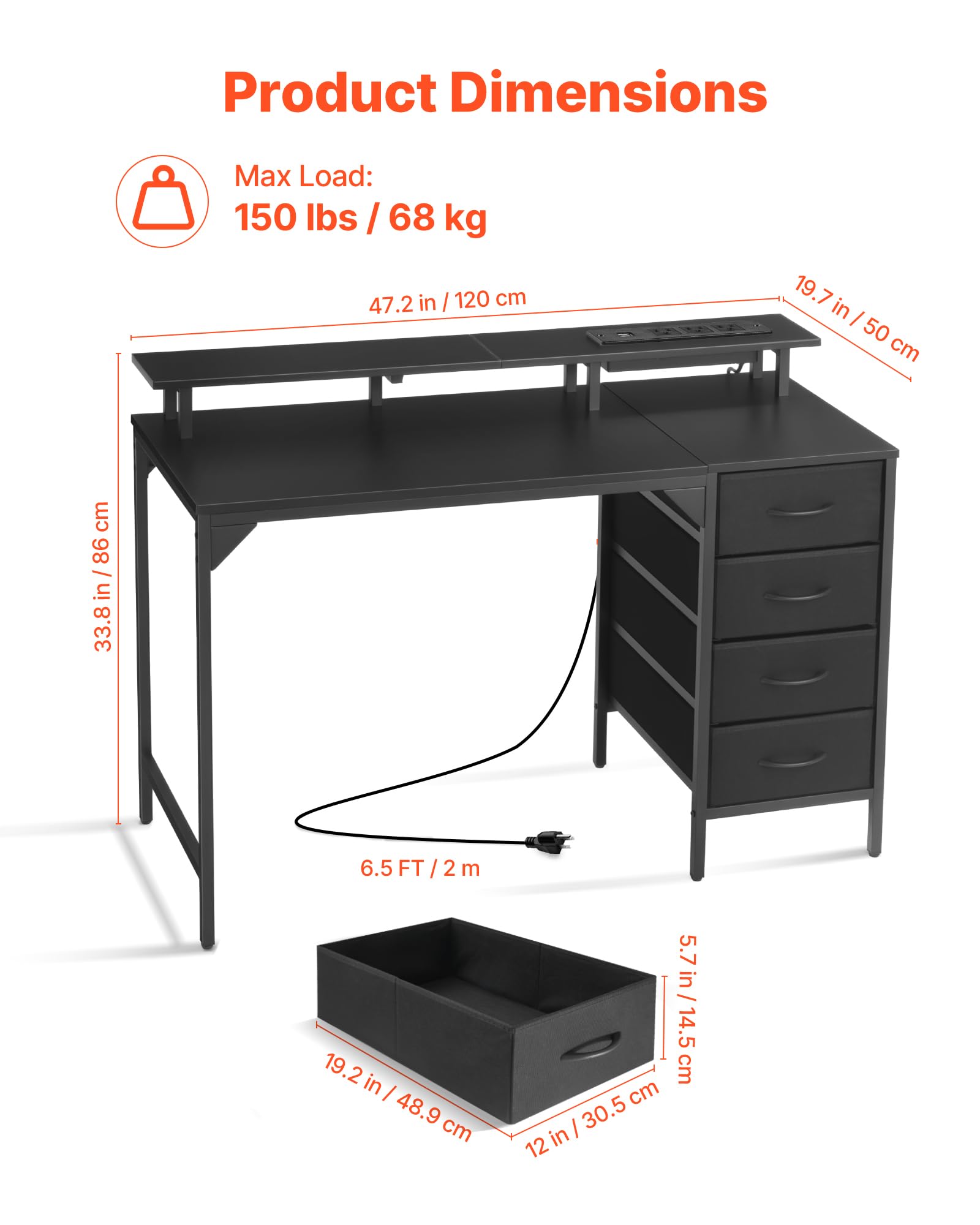 VEVOR 47" Computer Desk with LED Lights & Power Outlets, Gaming Table with 4 Large Drawers, Office Desk with Monitor Stand, Study Work Home Office, Small Spaces, Black