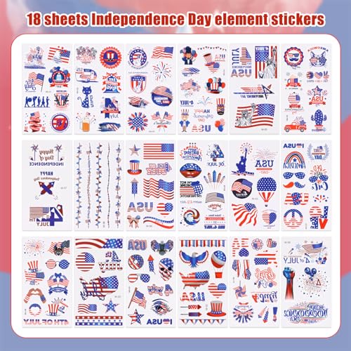 4th of July Temporary Tattoos - 18 Sheets Waterproof American Flag Body Art