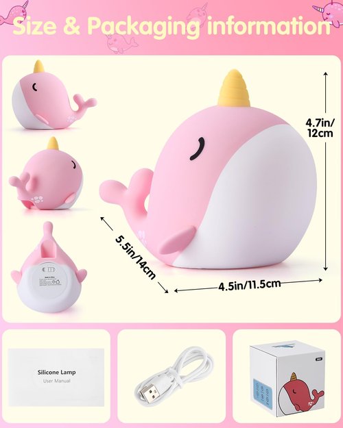 Fuloon Narwhal Night Light with Whale Shape, Squishy Silicone Kids Lamp, Safe & Soothing Touch Control for Kids and Babies, USB-C Rechargeable, 30-Min Auto Timer, Gift Idea (Pink)