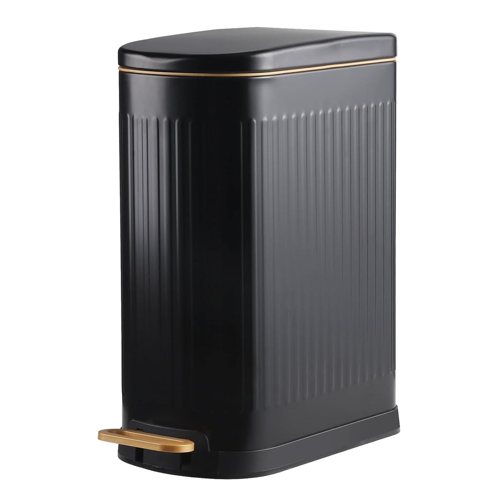 SYNCVIBE Slim Bathroom Trash Can - Stainless Steel Soft Close Step Bin with Removable Inner Bucket | Matt Black, 3.5 Gallons