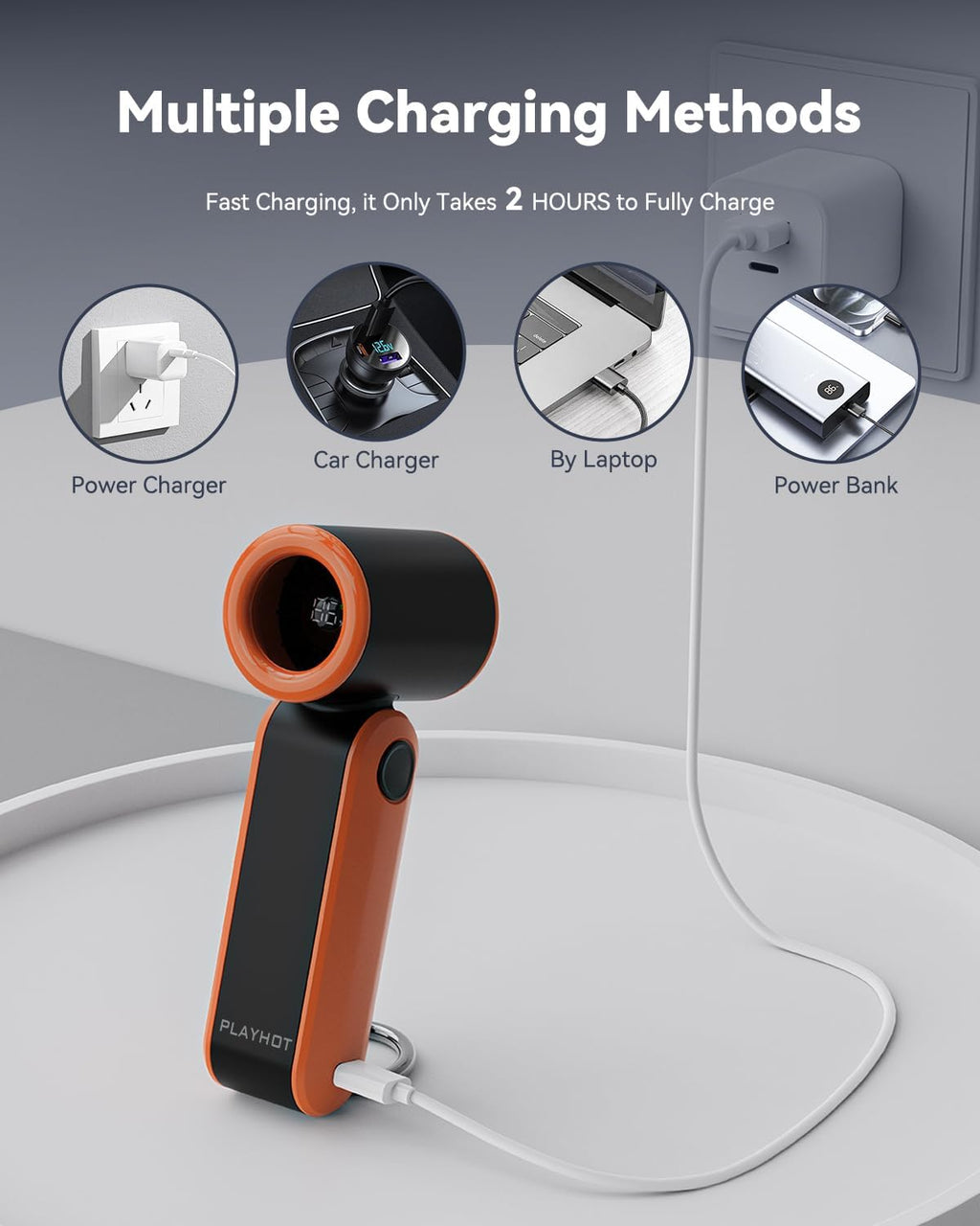 PlayHot Portable Mini Fan - Lightweight 5-Speed Handheld Fan | 3000mAh Rechargeable, Up to 10 Hours, Travel Size (Orange)