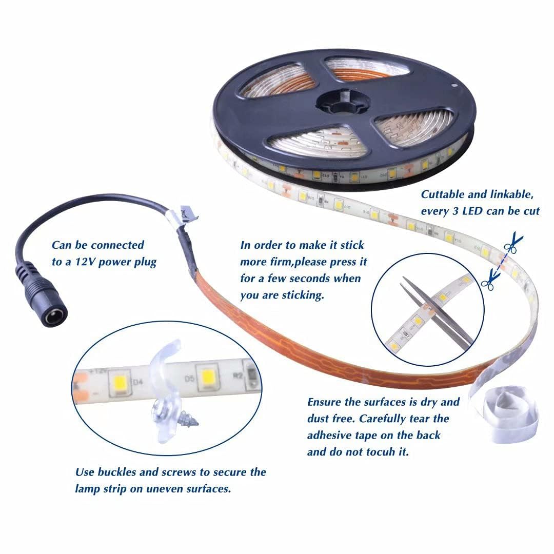 GUOTONG White LED Strip Lights, Waterproof cuttable 300 SMD 2835 LED Tape, 6000K 12V 16.4ft/5m Flexible Ribbon, Kitchen Cabinet Lighting, Outdoor/Indoor (No Power Supply)