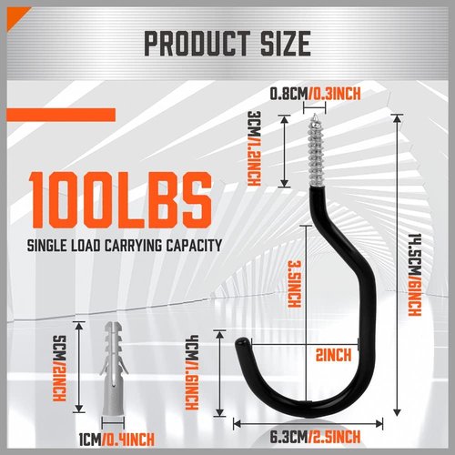 HORUSDY Heavy Duty Bike Hooks - 12 Pack, 6 Inch, 100LBS Capacity for Garage Wall & Ceiling Storage