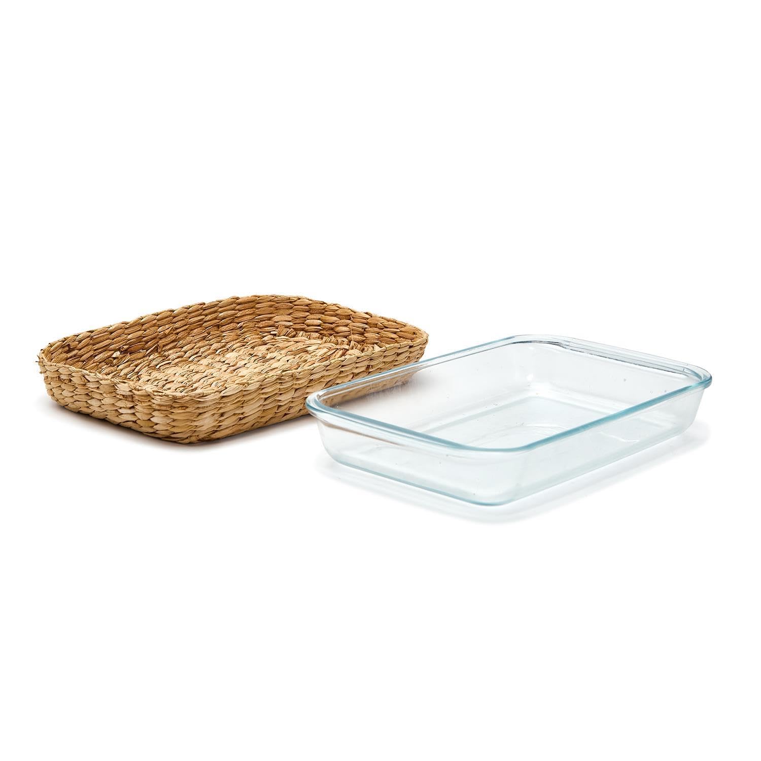Two's Company Island Chic Set of 2 Borosilicate Glass Baking Dish with Removable Handwoven Lattice, 2.2L and 3L, Glass, Kitchen Serveware Accessories