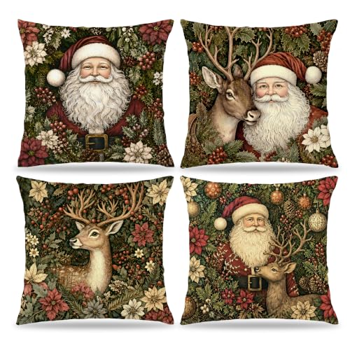 Christmas Santa Reindeer Floral Pillow Covers 18x18 Set of 4 - Multicolor