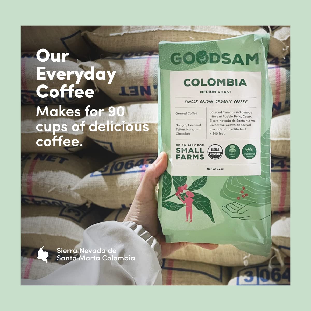 GoodSAM Colombian Medium Roast Organic Ground Coffee — Smooth & Balanced Flavor — Single-Origin Arabica Coffee — 32 oz Bulk Bag