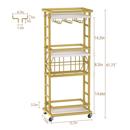MILEFA 4 Tier Bar Cart with Wheels, Home Bar Serving Cart, Rolling Mini Wine Cart with Wine Rack and Glass Holder, Drink Cart for Dining Room, Living Room, Kitchen, Bar and Outdoor, Gold