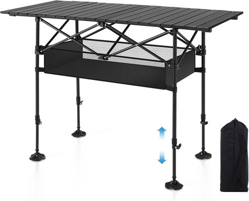 LET'S CAMP Folding Camping Table - Portable Aluminum Roll-Up Design with Adjustable Height & Large Storage Bag | Ideal for Picnics, BBQs, and Beach Outings