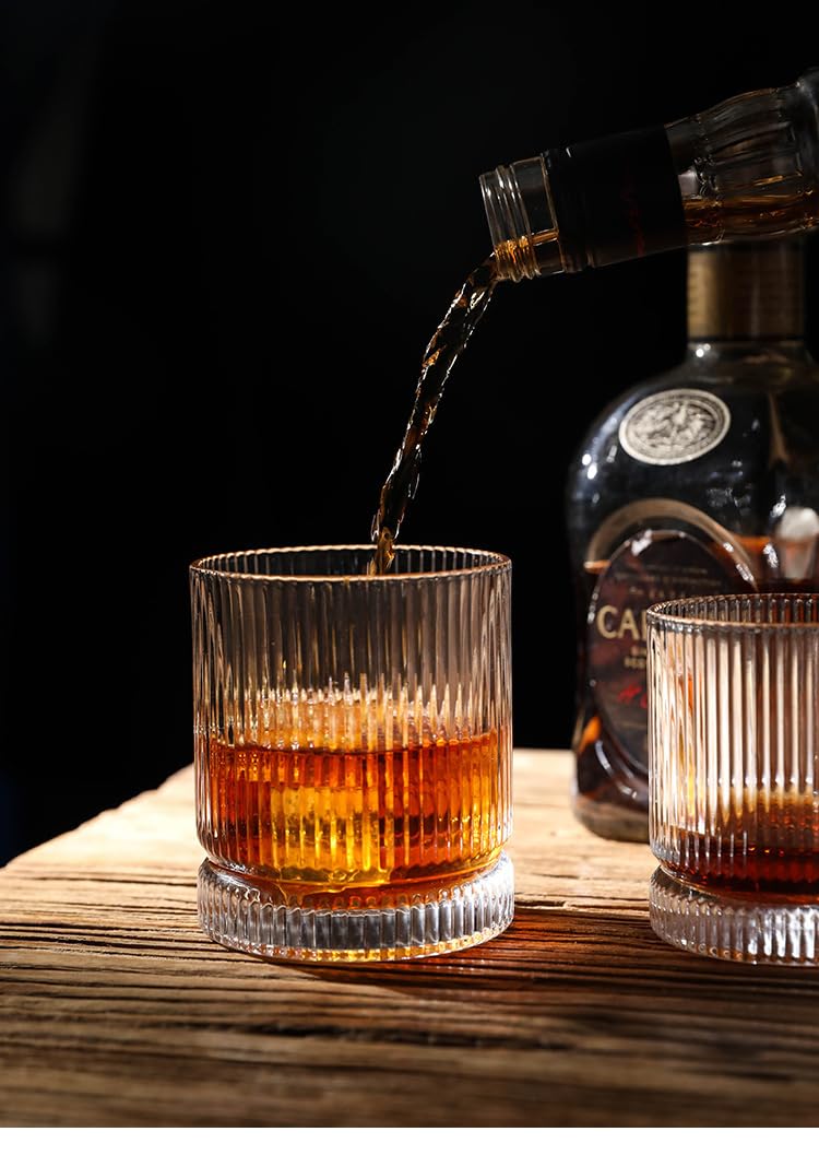VUNDO Ribbed Whiskey Glasses Set of 8, 12 Oz Lead-Free Crystal Heavy Base Barware Glass, Perfect for Bourbon Rocks Cocktail Scotch Drinking
