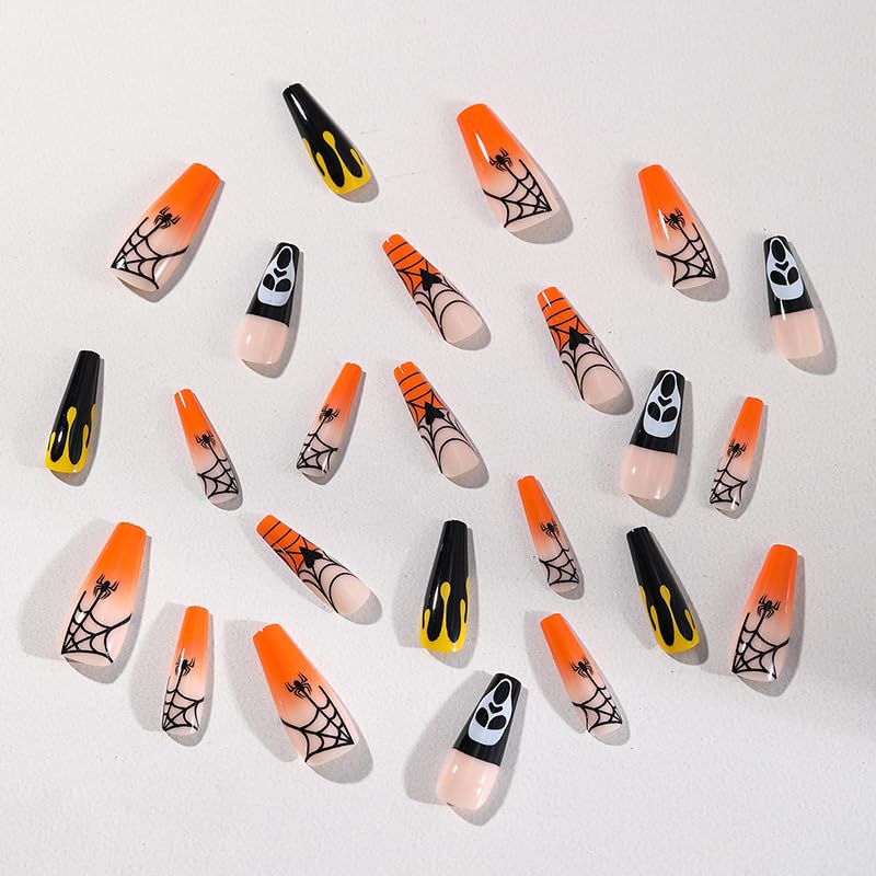 Halloween Press on Nails Long Square Horror Ghost Spider Web Fake Nails