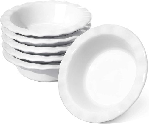 LE TAUCI Mini Pie Pans - 6.5 Inch Ceramic Pie Dish Set of 6 | Ruffled Edge, 12 Ounce Individual Bowls