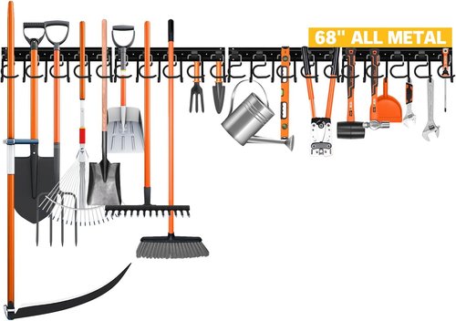 ELEAD 68'' Adjustable Metal Garden Tool Organizer - Wall Mount with Black Hooks for Garage Storage