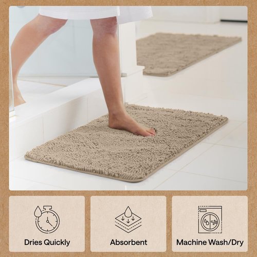 GORILLA GRIP Bath Rug Mat - Thick Absorbent Chenille | Quick-Dry Microfiber, 60x24, Gray Beige