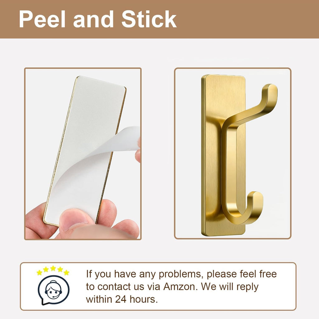 Pickpiff 12 Pack Wall Hooks - Strong Adhesive Coat & Towel Hangers | Brushed Gold Finish