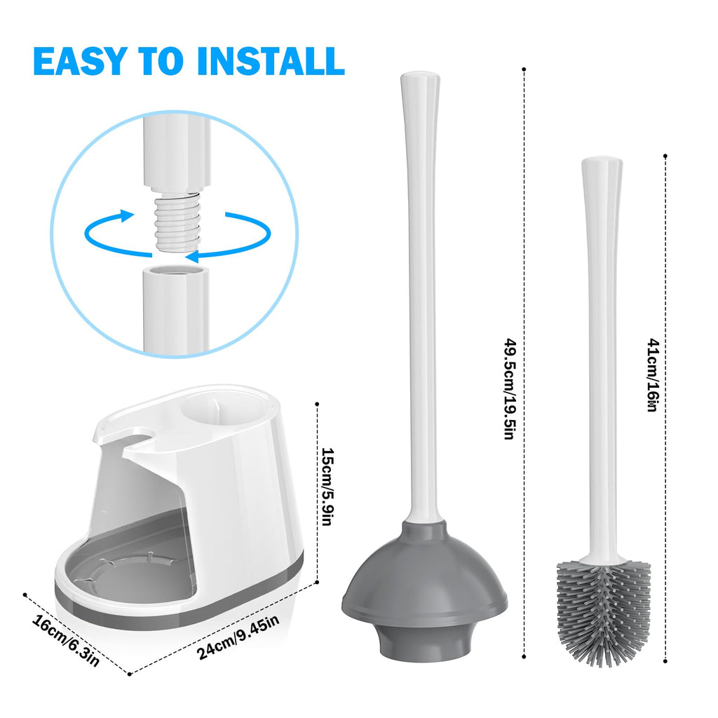 Toilet Plunger and Brush Set, Silicone Bowl Brush and Heavy Duty Toilet Plunger with Ventilated Holder, 2-in-1 Toilet Brush and Plunger Combo for 5.3-inch Toilet Drain Bathroom Deeply Cleaning