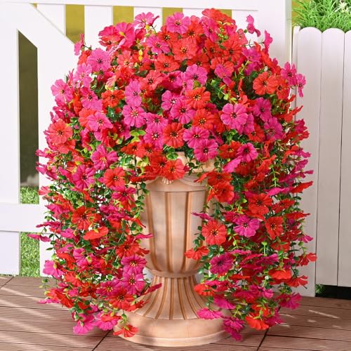 Dolicer 2 Pcs Realistic Artificial Flowers for Outdoor Decor - UV Resistant Silk Hanging Plants (Red & Fuchsia)