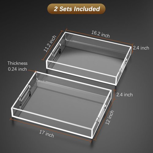 2 Pack Acrylic Serving Tray with Handle-17x12x2.4&16.2x11.2x2.4 Inch Clear Acrylic Trays Set for Kitchen,Bathroom -6mm Thick Large Stackable Display Organizer,Non Slip