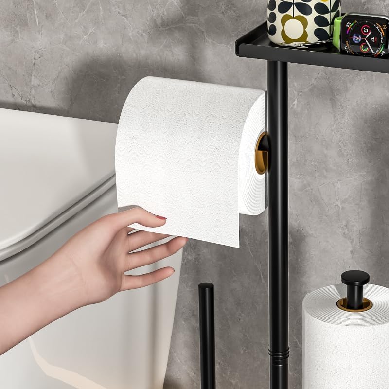 Skiennix Modern Bathroom Toilet Paper Stand - Stylish Black Metal Holder with Storage Shelf for 3 Mega Rolls | 24x12x60 Inches