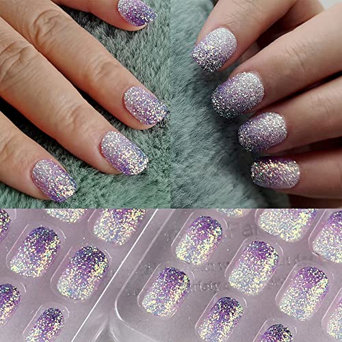 Kids Press on Nails 24Pcs Purple Gradient Glitter Short False Nails
