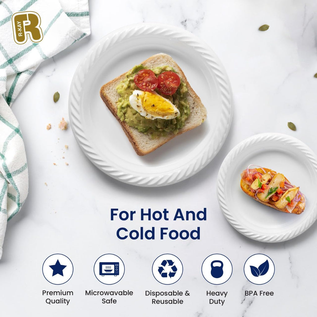 R-kay 100 Pack 9 Inch Plastic Plates Disposable - Heavy Duty 9 Inch White Disposable Plates - Microwavable Disposable Plastic Plates