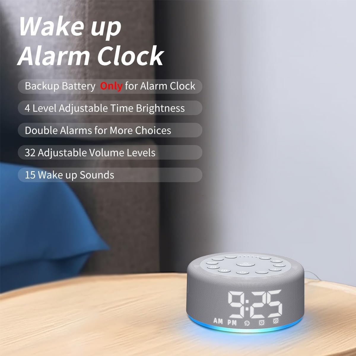 Skiennix White Noise Machine - Rechargeable Alarm Clock with Night Light & 30 Soothing Sounds