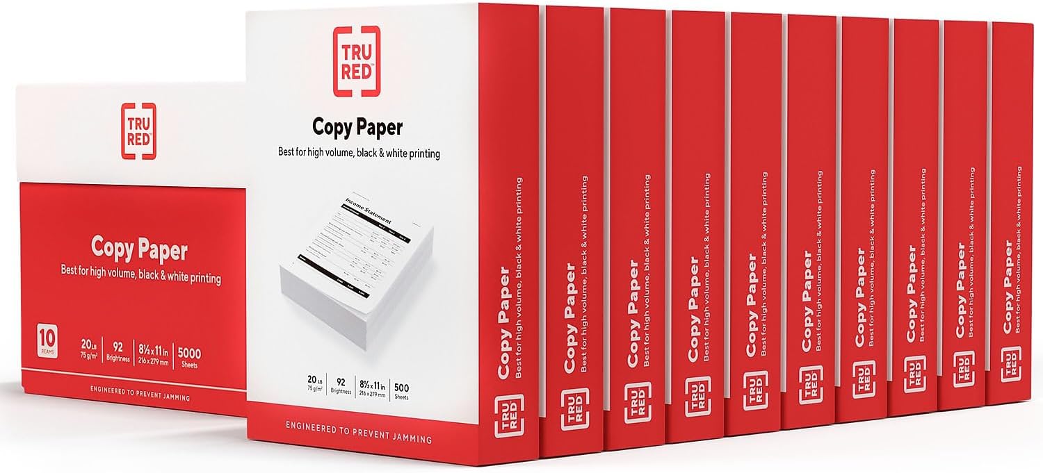 TRU RED Copy Paper - 8.5x11, 20 lb, 92 Brightness | 5000 Sheets for Office, School & Home
