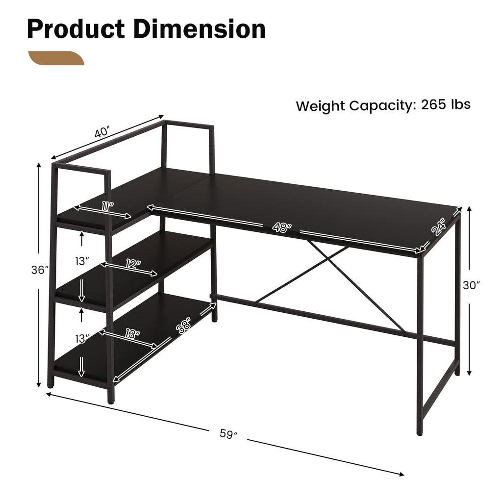 COSTWAY 59 Inch L-Shaped Computer Desk, Large Reversible Corner Desk with Open Storage Shelves, Space-Saving Writing Study Table PC Laptop Gaming Desk, for Home Office (Black)