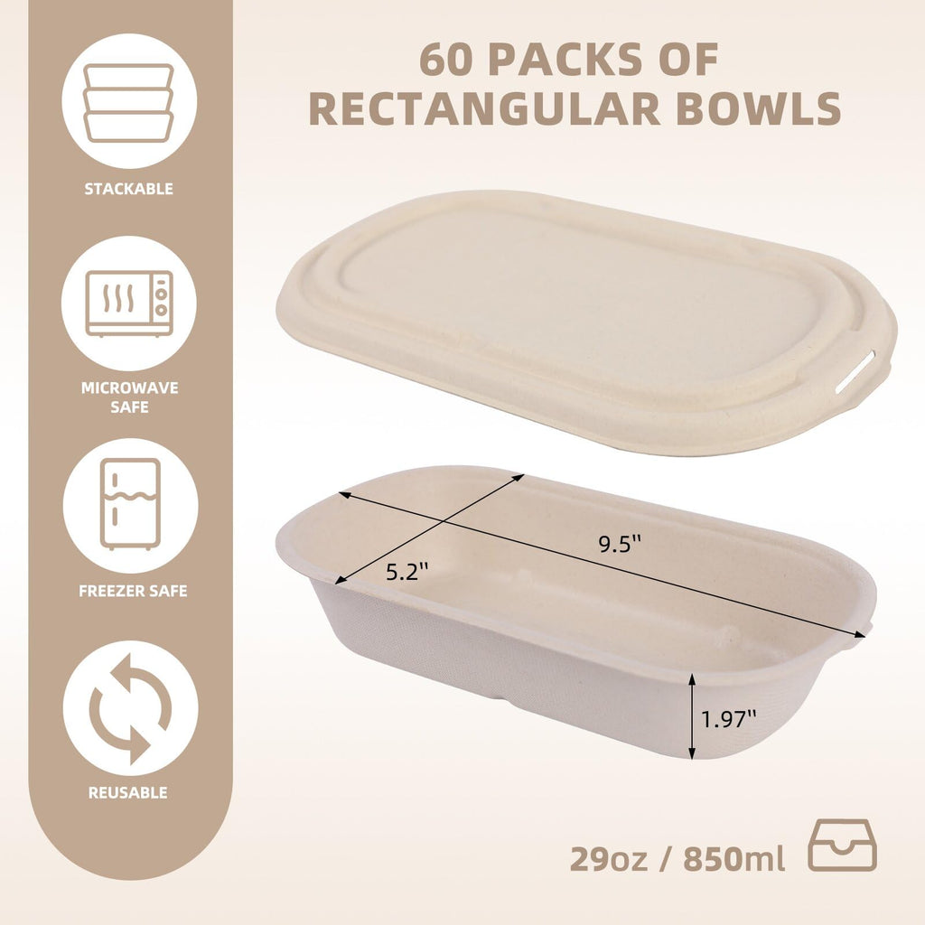 60Pcs(29oz) Disposable Meal Prep Lunch Food Takeout Salads Sandwiches Bowls Containers with Lids,Compostable Biodegradable to go Food Microwavable Freezer Safe Containers for Party Camp out.