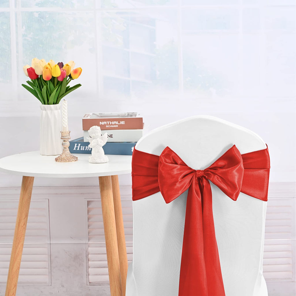 FXKS 100 PCS Satin Chair Sashes Red Bows Sashes for Chair Covers, Washable Reusable Chair Cover Back Tie Supplies for Wedding Reception Christmas Banquets Home Kitchen Decoration (7 x 108 inch)