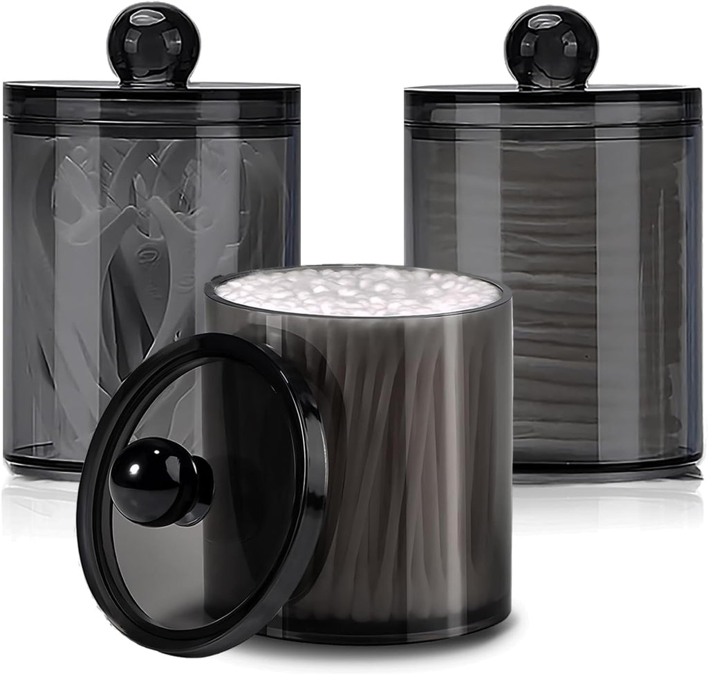 Skiennix Cotton Bud Dispenser - Clear Black Round Holder | 10 oz Apothecary Jar for Bathroom Storage