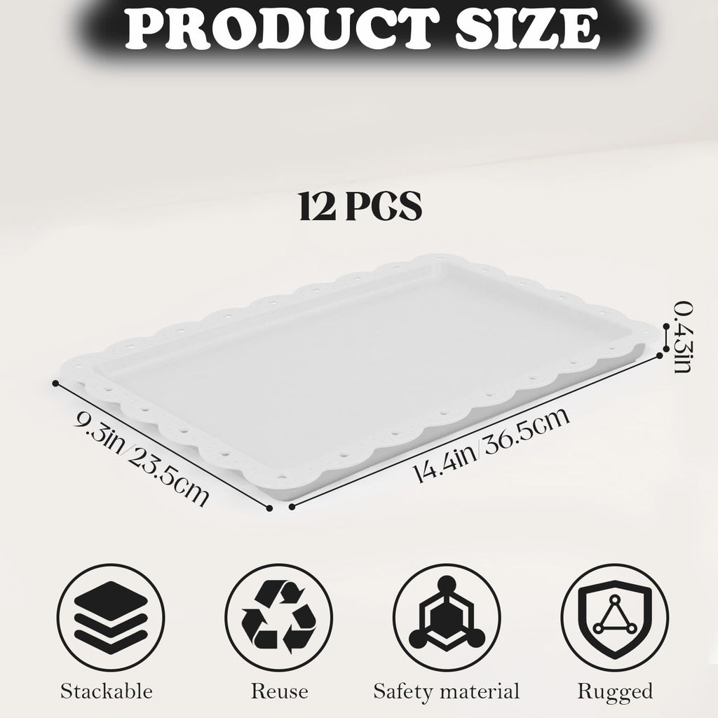 Food Tray, 12 Pack Serving Tray Serving Platter Cookies Dessert Plates,Disposable Plastic Serving Trays Rectangle Dessert Trays for Party, Wedding, Restaurant, 14.4" X 9.3" (White)